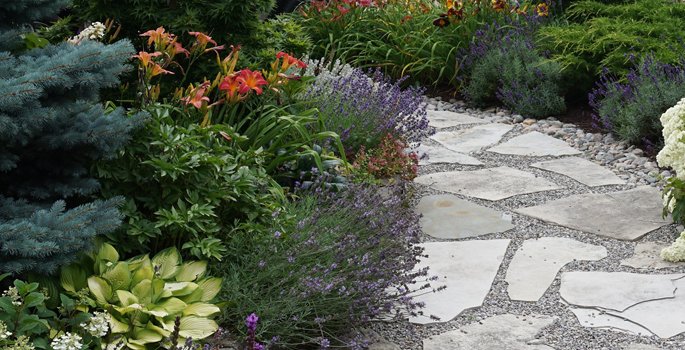 Garden with rock pathway through middle