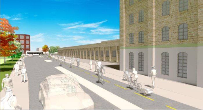 Protected bike lanes on Joseph Street will create a trail-like experience parallel to the LRT and connect to the future transit hub through a trail at the back of the university lands past Victoria Street. A section of Joseph Street will be converted to one-way vehicle traffic, between David and Victoria streets.
