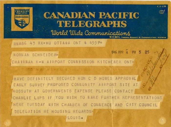 1946 Telegraph Approval of Kossuth Site